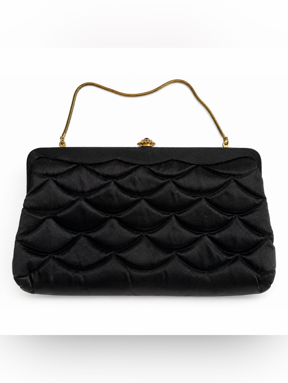 Vintage Black Satin Scalloped Evening Bag Clutch Gold Chain Handle Formal Purse